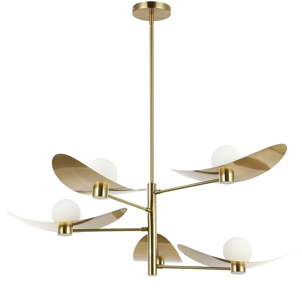 5 Light Aged Brass Chandelier w/ Opal Glass